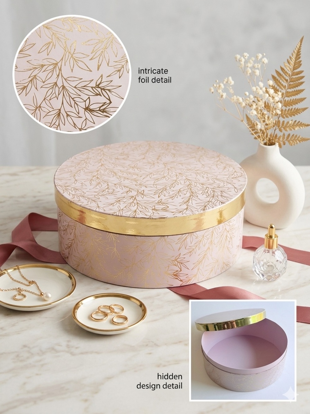 Large 13" Round Decorative Storage Gift Box Blush Pink Gold Foil Leaf Pattern
